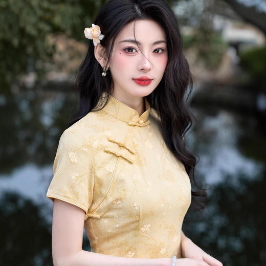 新中式黄色中长款小个子气质丝麻旗袍JLM6166 商品图3