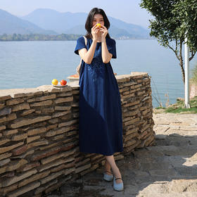 绽放旅行女装234朵/竹节棉针织手绘螺旋花短袖连衣裙舒适透气百搭