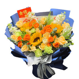 【高考加油】新鲜鲜花 高考花束-暖葵祈愿（向日葵3枝+香槟玫瑰13枝+紫罗兰4枝+ 配草）可备注送货时间