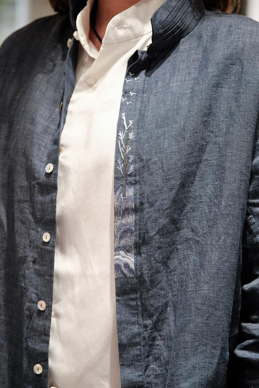 盛唐牡丹|亚麻刺绣立领男衬衫 商品图1