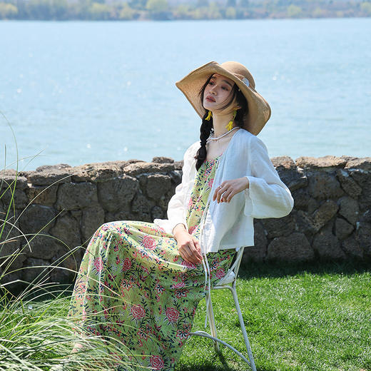 绽放旅行女装256朵/天丝苎麻印花可调节肩带A摆吊带文艺连衣裙女 商品图2