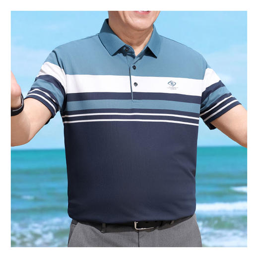 半身缘男装 夏季半袖拼色间条纹爸爸装宽松短袖POLO衫252312M03912188 商品图1