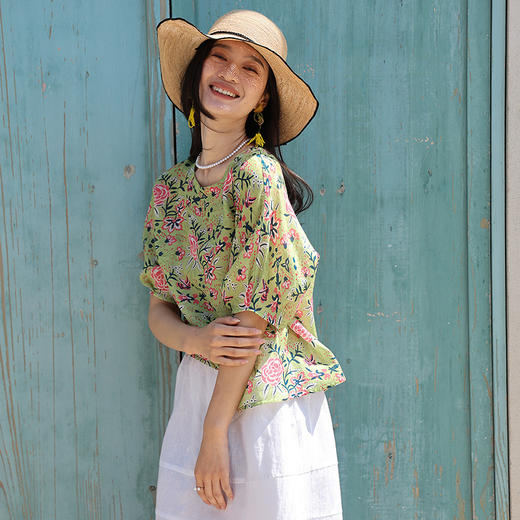 绽放旅行女装254朵/天丝苎麻印花圆领连肩短袖T恤女舒适五分袖 商品图1