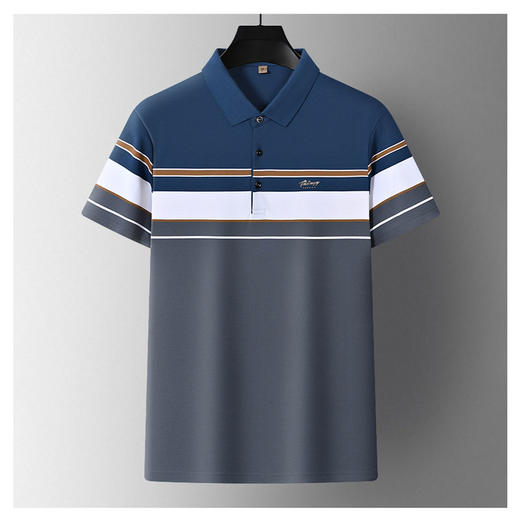 半身缘男装 夏季潮流时尚拼色间条纹爸爸装宽松短袖POLO衫252312M03912187 商品图0