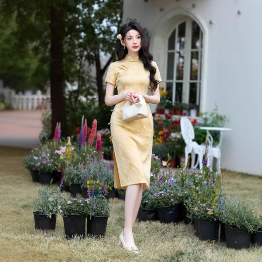 新中式黄色中长款小个子气质丝麻旗袍JLM6166 商品图1