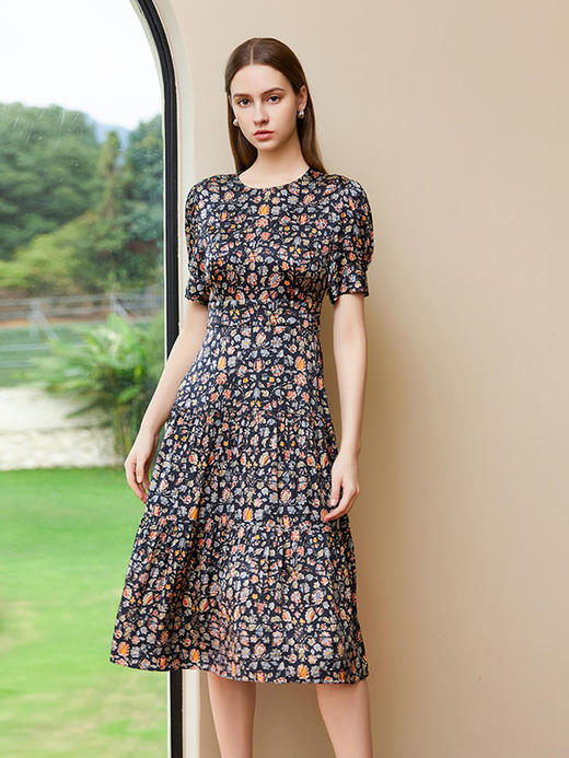 【桑蚕丝印花连衣裙】25年夏季新品女士中长款碎花真丝连衣裙 商品图0