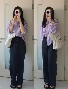 超慵懒松紧腰系带简约直筒砂洗亚麻阔腿裤百搭长裤