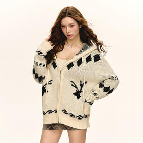 Ariseism 美式复古宽松连帽拉链开衫毛衣外套女春秋新款上衣