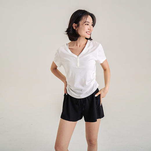 【天丝+羊毛】V领纽扣短袖T 腰部松紧显腰细 羊毛修身短袖上衣 商品图10