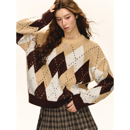 Ariseism 美式复古宽松格纹套头毛衣外套女春秋新款上衣 商品图2