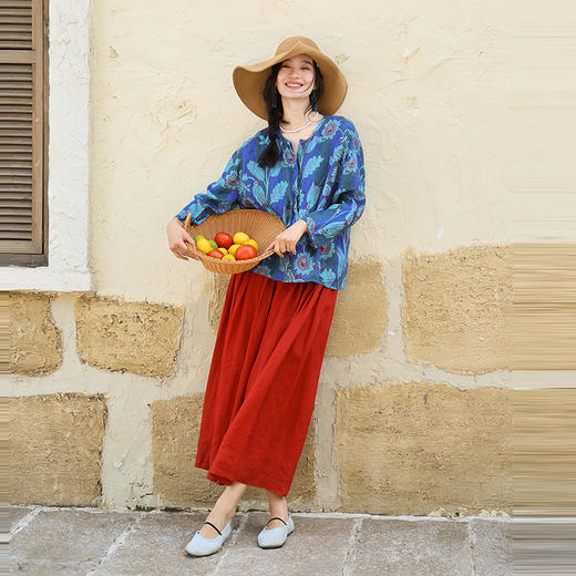 绽放旅行女装285朵/大丽花印花防晒短开衫双支数细腻亚麻T恤上衣 商品图2