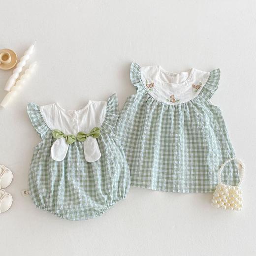 【超萌小兔哈衣，飞袖轻薄，萌趣刺绣】婴儿格子包屁衣新款 夏季女宝宝超萌刺绣小兔哈衣 飞袖轻薄爬服-QQ 商品图1