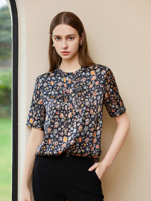 【桑蚕丝印花上衣】25年夏季新品女士真丝碎花薄款短袖衬衫 商品图0