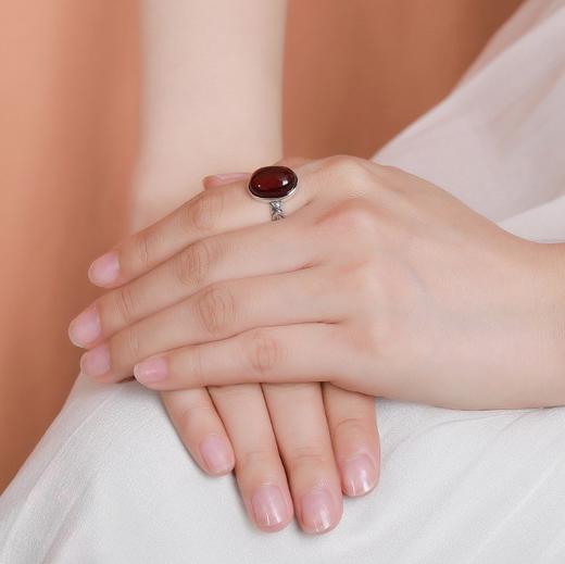 【敦煌禧和·血珀蛋面戒指】珠宝S999足银花珀蜜蜡血珀新中式复古叶子蛋面戒指气 质银指环 商品图2