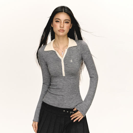 Ariseism 美式复古撞色翻领修身针织衫女春季新款修身显瘦上衣 商品图3