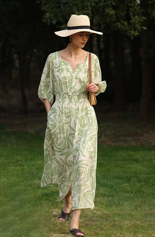 法式V领清新绿色印花丝棉灯笼袖收腰连衣裙 商品图4