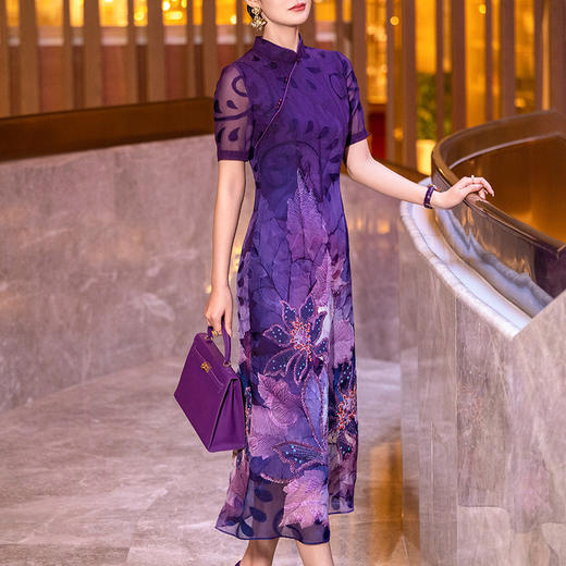 新中式国风连衣裙夏季气质别致紫色印花立领改良旗袍裙YBY-043H97 商品图1