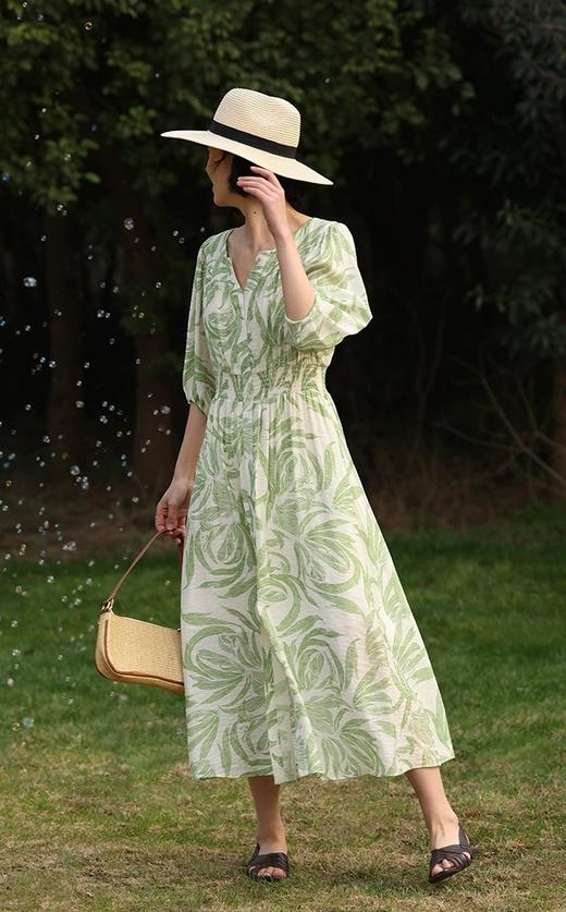 法式V领清新绿色印花丝棉灯笼袖收腰连衣裙 商品图1