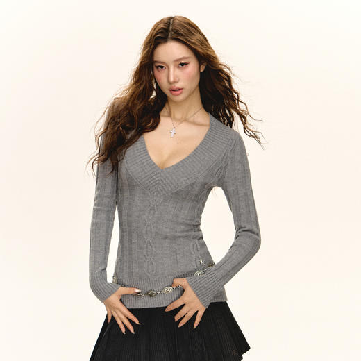Ariseism 美式复古V领修身针织毛衣女春秋新款上衣 商品图0