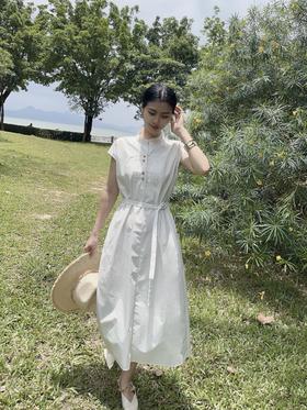 SZ2S117_皓色_连衣裙_春夏_立领无袖系带收腰长款衬衫式_高级女装_BERNIEELEN 伯妮斯茵