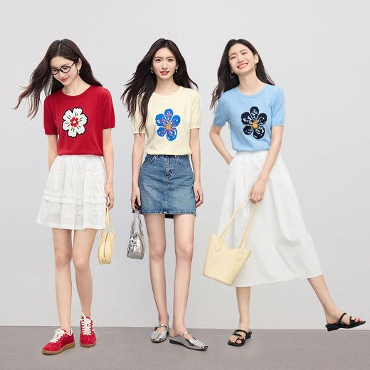 【专属特价】熙世界甜美风花朵短袖针织衫女薄款2025夏季趣味减龄套头圆领上衣 商品图1