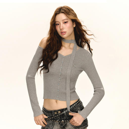 Ariseism 美式复古设计感修身露肩针织开衫女春季新款修身上衣 商品图1