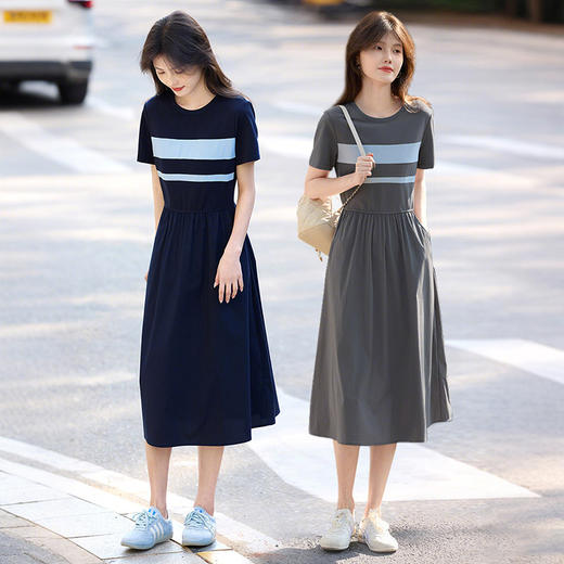 【五折购】熙世界夏日穿搭航海系撞色条纹连衣裙女短袖夏季圆领收腰显瘦长裙 商品图2