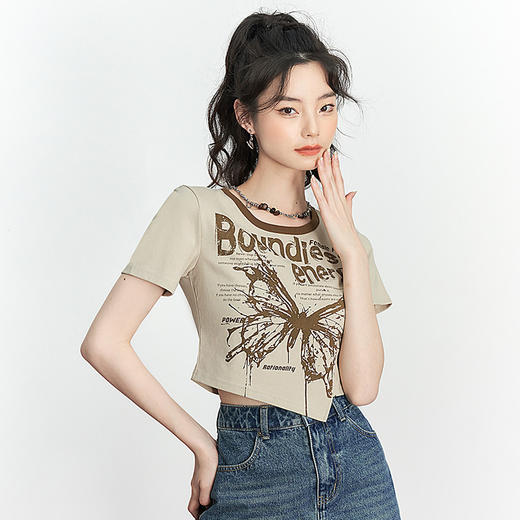 美式复古辣妹蝴蝶印花短袖T恤女夏季短款不规则下摆上衣V0050550 商品图4