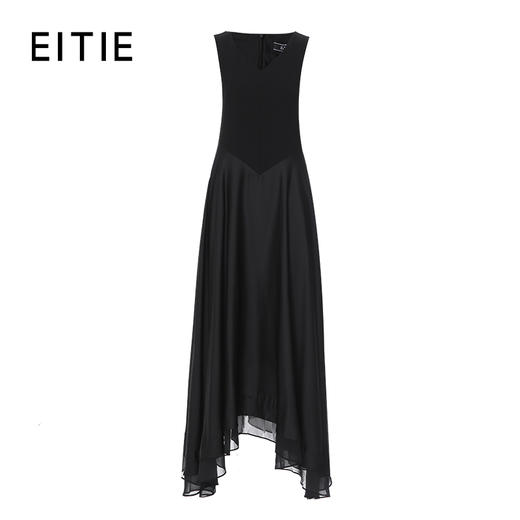 EITIE爱特爱气质优雅拼接修身显瘦不规则裙摆黑色无袖连衣裙夏季新款8207956 商品图6