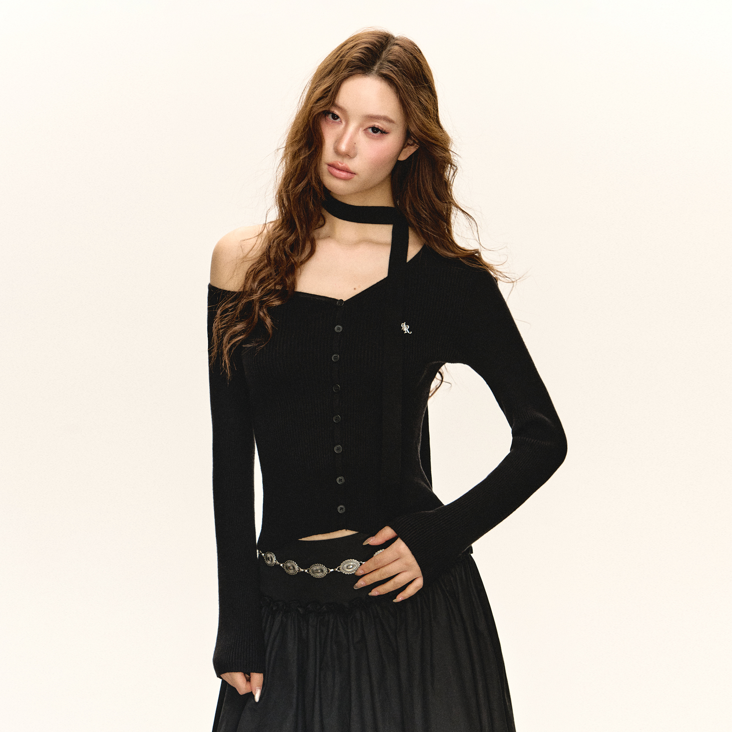 Ariseism 美式复古设计感修身露肩针织开衫女春季新款修身上衣