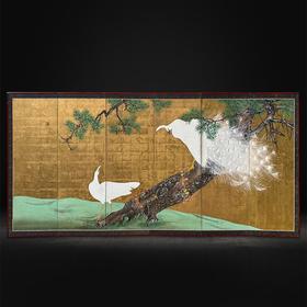 独角鹿西洋古董 19世纪日本江户时代出品「白羽孔雀」主题金地纸本设色六曲屏风