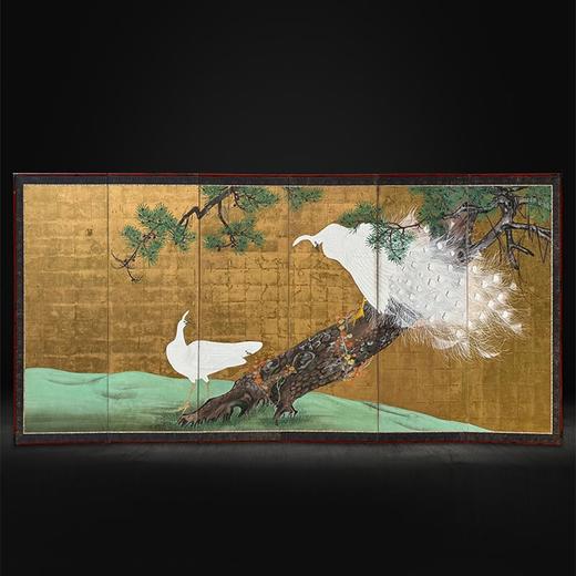 独角鹿西洋古董 19世纪日本江户时代出品「白羽孔雀」主题金地纸本设色六曲屏风 商品图0
