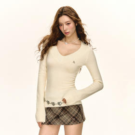 Ariseism 美式复古V领修身针织毛衣女春秋新款内搭打底上衣