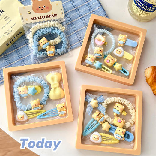 【奶黄小熊发饰，甜美又可爱！】可爱奶黄小熊系列发饰组合 少女甜美碎发刘海夹 高弹力发绳发圈-QQ 商品图3