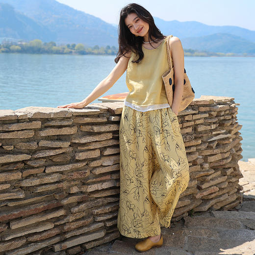 绽放旅行女装272朵/抽象花双支数亚麻底抽象线条印花松紧腰阔腿裤 商品图2