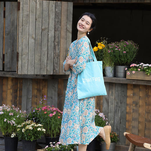 绽放旅行女装267朵/纯亚麻印花圆领系扣正常肩七分袖连衣裙子女夏 商品图1