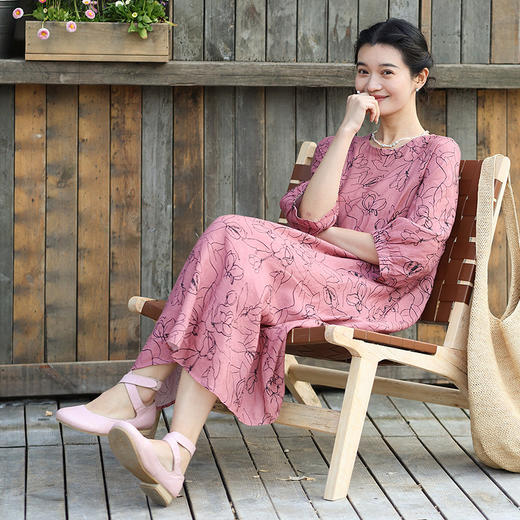 绽放旅行女装269朵/双支数亚麻抽象线条印花插肩袖立体袖口连衣裙 商品图2