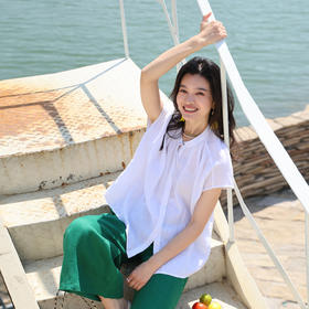 绽放旅行女装230朵/三色花自由衬衫皱纹砂洗亚麻盖袖短袖上衣立领