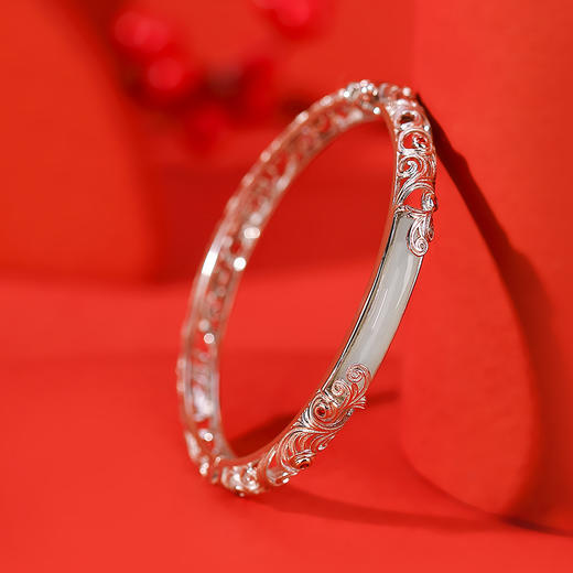 S925纯银和田玉国潮宫廷设计感，祥云如意镂空无事牌手镯手环CW- SZ01681 商品图0