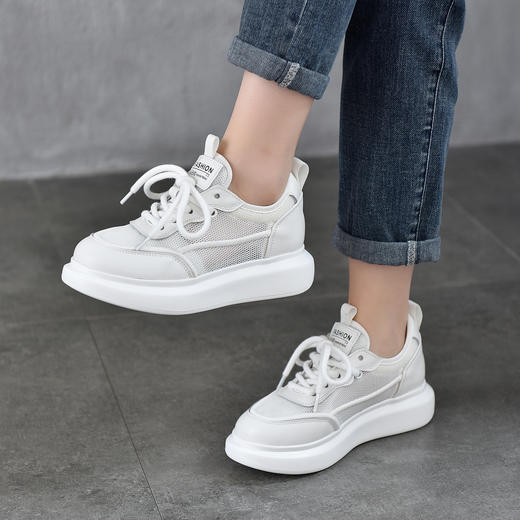 TN T6761-01透气网面系带休闲轻便厚底网鞋真皮小白鞋 商品图0