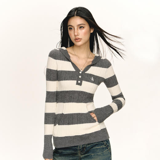 Ariseism 没事复古修身连帽条纹针织衫女春季新款上衣 商品图1