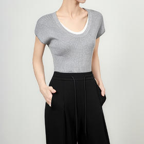 「高货wl」全新升级【铂金会员146/天猫199/差价53】(00947)洛诗琳2025坑条兰精天丝针织撞色领弹力假两件百搭T恤上衣