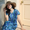 绽放女装245朵/印花盖袖连衣裙双支数亚麻大丽花手绘连身短袖裙子 商品缩略图1
