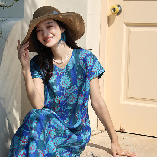 绽放女装245朵/印花盖袖连衣裙双支数亚麻大丽花手绘连身短袖裙子 商品图1