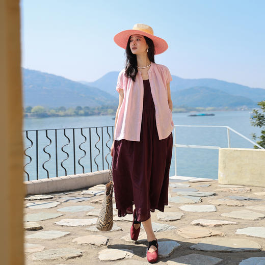 绽放旅行女装230朵/三色花自由衬衫皱纹砂洗亚麻盖袖短袖上衣立领 商品图1