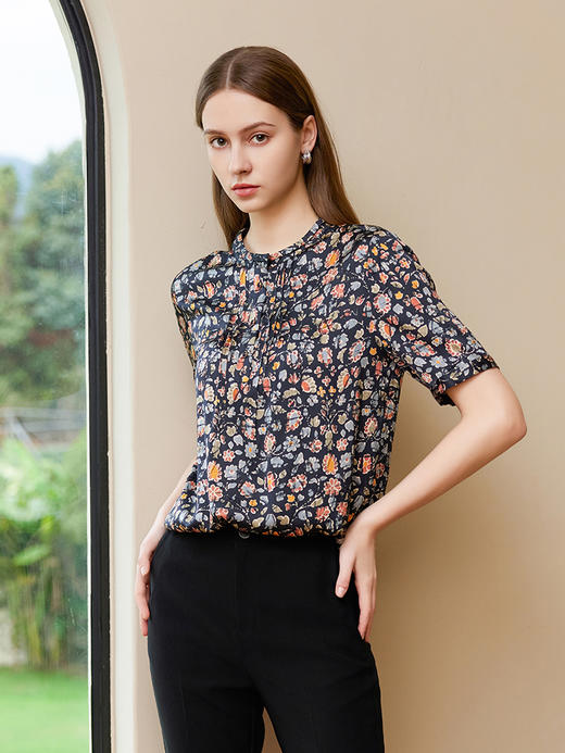 【桑蚕丝印花上衣】25年夏季新品女士真丝碎花薄款短袖衬衫 商品图1