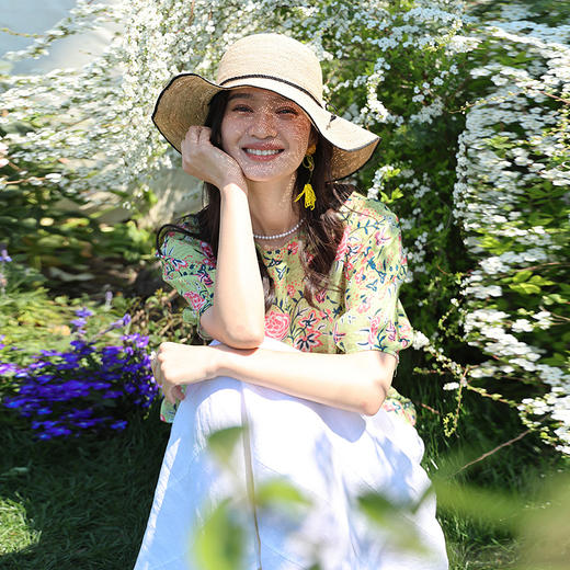 绽放旅行女装254朵/天丝苎麻印花圆领连肩短袖T恤女舒适五分袖 商品图0