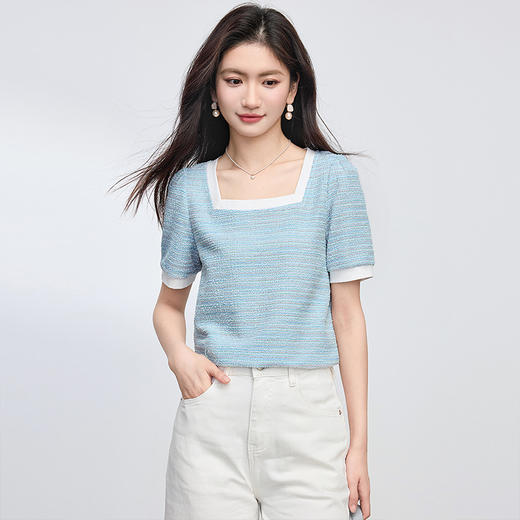 【专属特价】熙世界小香风撞色方领T恤女夏季新款宽松显瘦泡泡袖正肩蓝色上衣 商品图3