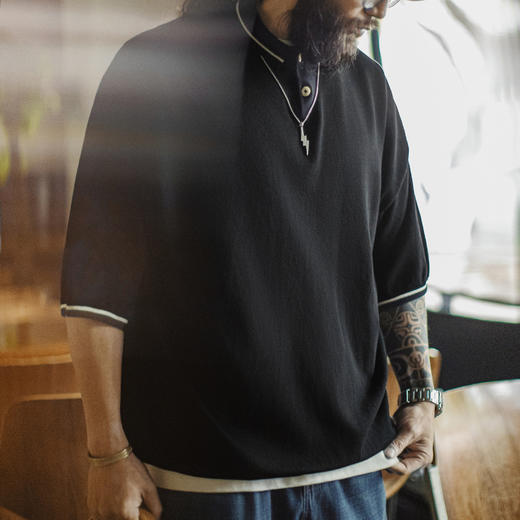 马登工装美式机能polo衫条纹老钱风山系黑色T恤宽松垂感短袖男夏 商品图4