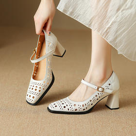 【预售5天】法式单鞋女春夏季镂空方头高跟鞋粗跟酒红色真皮米白色凉鞋女XH&M9277